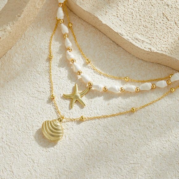 Women's Seashell Starfish Summer Pearl Beach 14k Gold Layered Dainty Choker - Picture 5 of 7